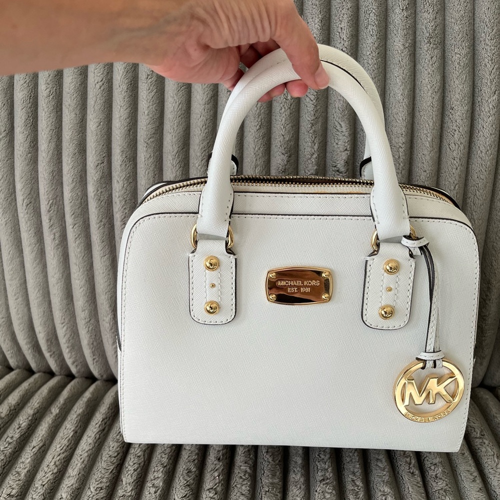Michael Kors Gold Saffiano SM Satchel in Optic White